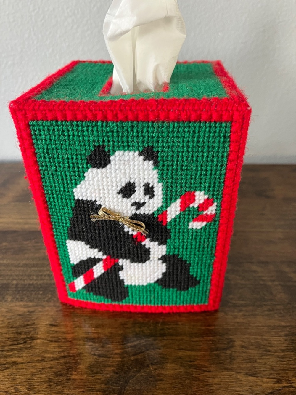 Handmade Christmas Panda Tissue Box Cover | Needlepoint Candy Cane Holiday Decor